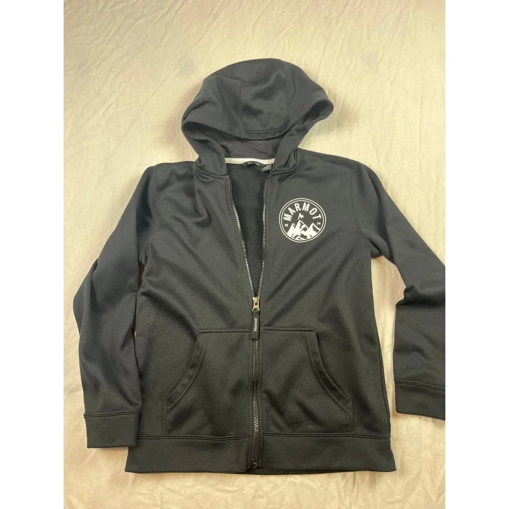 Marmot Kids Black Full Zip Hoodie Mountain Graphic Logo Sweatshirt Large L/G